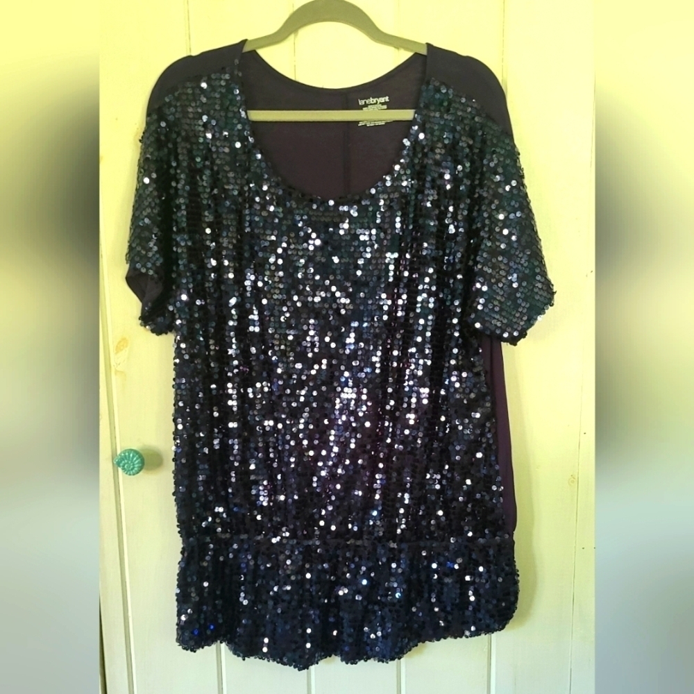 Lane Bryant Sequin Peplum Short Sleeve Mixed Media Top